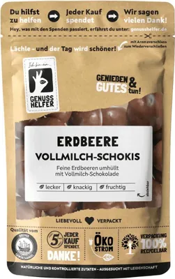A pouch of chocolate-covered strawberries with text and logos.