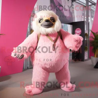 Imagen del producto de Personaje REDBROKOLY mascota de un perezoso gigante rosado vestido con pantalones deportivos y clips para bufanda