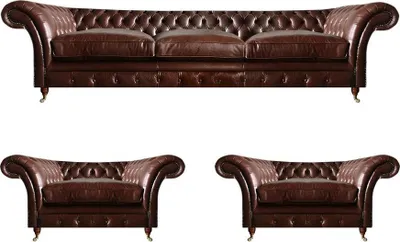Immagine prodotto di Set di divani in pelle 3+1+1 posti Chesterfield moderno marrone