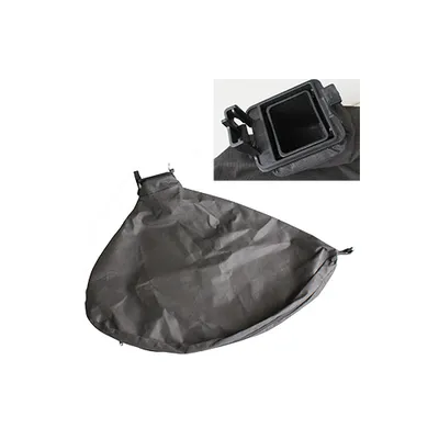 A black fabric collection bag for a leaf blower, shown against a white background. A close-up inset shows the connector piece.