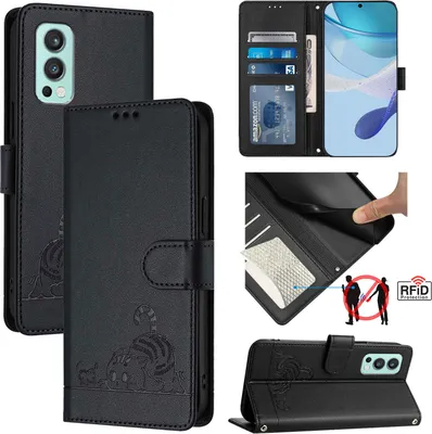 Produktbild von Leder Hülle für OnePlus Nord 2 Süße Katze Flip Case Brieftasche Schutzhülle mit Standfunktion Schwarz