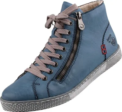A single blue high-top sneaker with laces and a zipper.