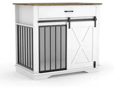 Produktbild von Hundebox aus Holz als Möbelstück - Moderner Landhausstil - Doppelte Schiebetüren - 2 Schubladen - Für kleine und mittelgroße Hunde - Weiß