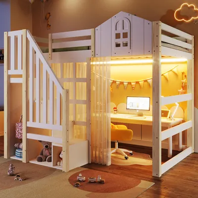 A child's loft bed with a desk and storage underneath, set up in a bedroom.