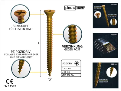 Produktbild von HausHalt Universal Holzbauschraube Holzschraube 5,0 x 60 mm PZ2 250 Stk. ( 000051371202 ) gelb verzinkt Kreuzschlitz Pozidriv Senkkopf Vollgewinde