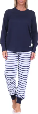 Produktbild von Maritimer Damen Schlafanzug mit Bündchen, Top mit Leuchturm Motiv, auch in Übergrössen ; marine , 48