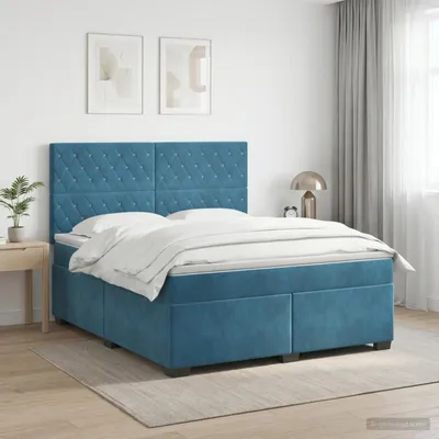 Immagine prodotto di Letto matrimoniale con boxspring e materasso, imbottitura in velluto, con testiera blu, dimensioni 140 x 190 cm