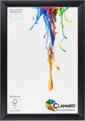 A black picture frame with a colorful paint splash design inside.