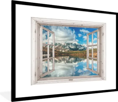 Produktbild von MuchoWow® Gerahmtes Poster Aussicht - Berg - Wasser 80x60 cm - Poster mit Schwarzem Bilderrahmen Wandposter Rahmen Foto Bilder - Schlafzimmer-Dekorationen - Fotoposter