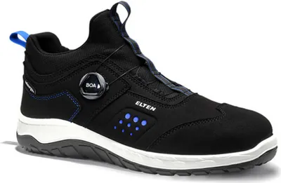 A black safety shoe with blue accents and a BOA lacing system.