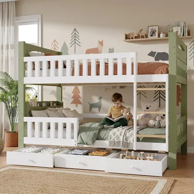 Immagine prodotto di Letto a castello per bambini 90x200 cm con 3 cassetti, ripiano laterale, scala e sponda rialzata, due posti letto salvaspazio, bianco e verde, Immagine generata dall'IA