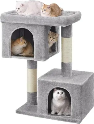 Produktbild von Hoppa! | Kratzbaum 101 cm XL | Katzenhaus für extra große Katzen | Große Plattform | 2 Katzenlöcher | Sisalstämme | Hellgrau
