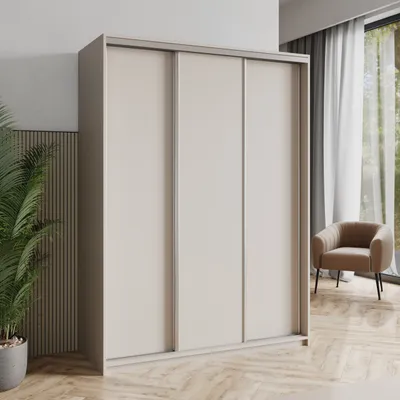 Produktbild von Masseno Schiebetürenschrank NISSE 150/205/60 cm Kleiderschrank mit Schubladen Schlafzimmer Schrank 3-türig Kaschmir + Satin