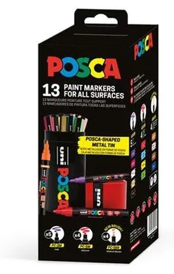Dekoračný popisovač, sada, v kovovej krabičke, UNI "Posca", 13 rôznych farieb