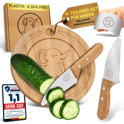 Produktbild von Eli® Kindermesser - kindersicheres hochwertiges 4 teiliges Kinder Küchenmesser Set inkl. Fingerschutz - Schneidebrett aus Holz - rostfreier Edelstahl