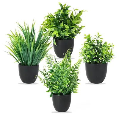 Productafbeelding van 4 kunstplanten met potten, kunststof decoratieplanten, kleine kunstplanten in potten, namaakplanten voor bureau, woonkamer, balkon en badkamer