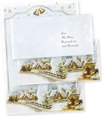 Produktbild von Weihnachtsdorf 25 Sets Christliches Weihnachtsbriefpapier mit Umschläge ohne Fenster Briefpapier Weihnachten kirchlich