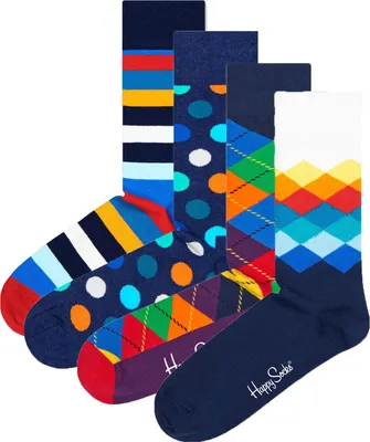 Produktbild von Happy Socks Mix Gift Box 4 páry ponožek 4 páry barevných ponožek v dárkové krabičce, každý pár vyobrazuje směs různých barev, pletené z česané bavlny