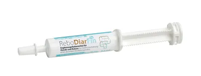 A white syringe-shaped product with blue and white labeling, isolated on a white background.