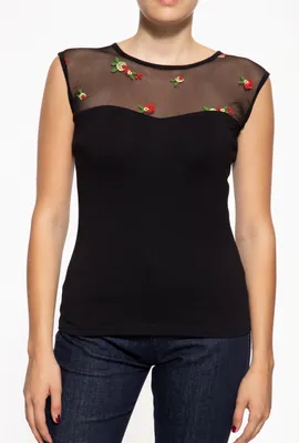 Produktbild von QUEEN KEROSIN Damen Top In Mesh Optik Mit Stickerei Roses Schwarz 3Xl