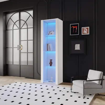 Image de OKWISH Vitrine Haute Avec LED Intégrée, 3 Étagères En Verre Et Design Laqué - Armoire Vitrée Pour Salon Ou Salle À Manger - 55×38×166 cm - Blanc