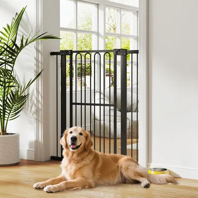 Image de Barrière de sécurité pour chien, noire, réglable sans perçage, en acier et plastique, noire | Hauteur : 104 cm | Largeur : 76–104 cm | Montage par pression ou par perçage