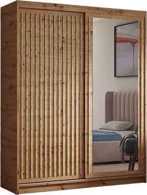 Produktbild von MR GROUP Kleiderschrank DART mit Lamellen Spiegel 100 cm Schiebetüren Schwebetürenschrank Garderobe Wohnzimmer Schlafzimmer Lamelletüren braun