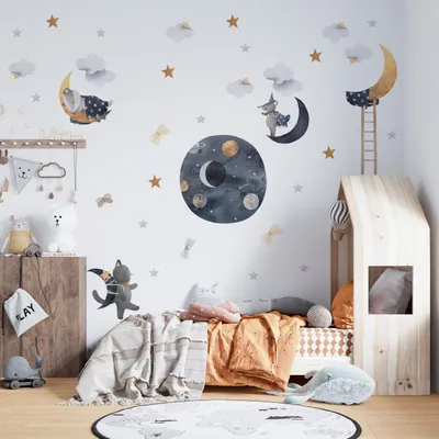 Produktbild von Wandtattoo Wandsticker für Kinder KOSMOS Sterne Wolken Monde Tiere Aufkleber 120 cm x 60 cm