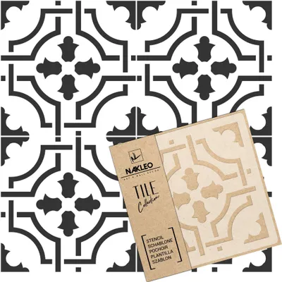 Produktbild von Tile Fliesen Schablone zum Malen 15x15 cm, Amadora Geometrisches Retro Ornament, Kunststoff Wiederverwendbare Bodenschablone DIY