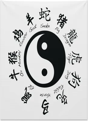 Produktbild von Abakuhaus Yin-Yang Wandteppich, Chinesische Sternzeichen aus Weiches Mikrofaser Stoff Kein Verblassen Klare Farben Waschbar, 110 x 150 cm, Weiß und Schwarz