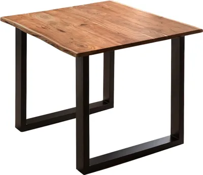 Produktbild von Esszimmertisch 90x90 cm Quinn, echte Baumkante, nussbaumfarben, massiver Esstisch aus Akazienholz, Metallbeine Schwarz, Baumkantentisch