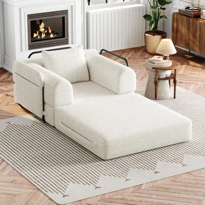 Image de Canapé-lit 2 en 1 en chenille, avec compartiment de rangement dans l'accoudoir, trois structures métalliques, beige