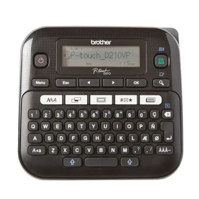 A black Brother PT-D210VP label maker is shown against a white background.