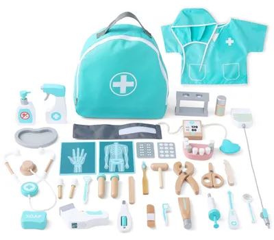 Productafbeelding van Luxe kinderspeelset: houten dokterstas met stethoscoop, bloeddrukmeter, tandartsset en meer. Doktersspeelgoed voor rollenspellen. Set van 36 stuks, geschikt voor kinderen van 3, 4 en 5 jaar