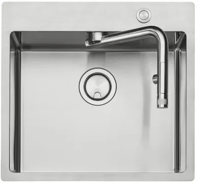 A top-down view of a stainless steel kitchen sink with a faucet.