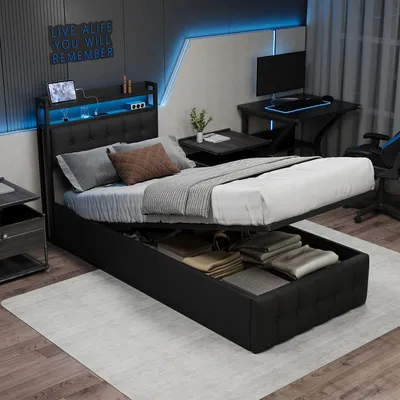 Produktbild von Polsterbett 90x200 cm mit Bettkasten, RGB-LED, USB-C, 2 USB, Stauraum-Kopfteil, Hydraulik, Lattenrost, Einzelbett Schwarz