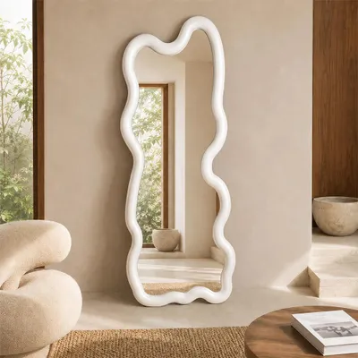 Produktbild von Spiegel Ganzkörperspiegel Standspiegel Wellenförmiger Spiegel Ankleidespiegel Kleiderspiegel Spiegel in Sonderform Weiß 160*60cm 【YDYX-B658】