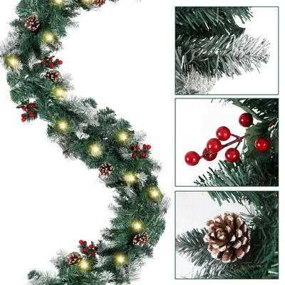 Image de Guirlande de Noël LED Ikodm, longueur 2,7 mètres, avec 30 LED, décorée de baies, de cônes de pin et de branches blanches, pour intérieur et extérieur