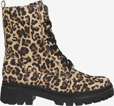 A single leopard print boot is shown against a white background.
