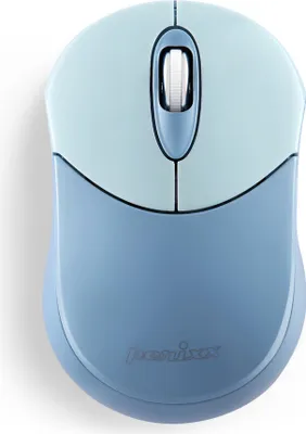 A top-down view of a blue and light blue computer mouse.