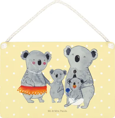 Produktbild von Mr. & Mrs. Panda Holzschild Koala Familie DIN A5 - Gelb Pastell - Geschenk, kleine aufmerksamkeit, Koalas, wandtafel, Muttertag, Papa, Türschild, sprüche schild, Mama