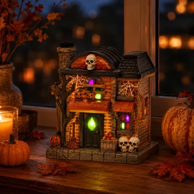 Produktbild von LED Halloween Spukhaus 11x7 cm - Kürbis & Totenkopf aus Porzellan