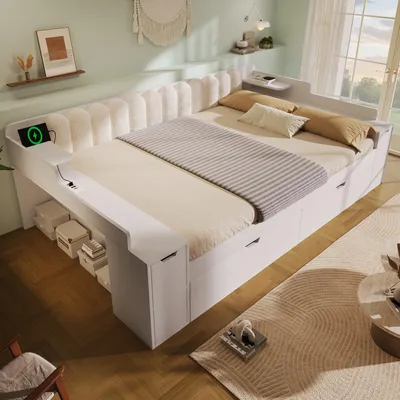 Immagine prodotto di Letto a castello MODFU, modello per ragazzi, 140x190 cm, con 2 cassetti, divano letto matrimoniale con stazione di ricarica, letto contenitore con scaffali laterali e schienale, senza materasso, colore bianco