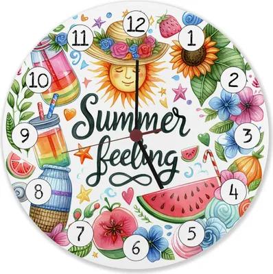 Produktbild von Sonne und Sommer Wanduhr aus Alu mit Spruch Summer feeling