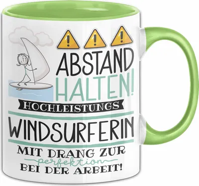 Produktbild von Windsurferin Tasse Geschenk Lustig Abstand Halten Hochleistungs-Windsurferin Mit Drang Zur Perfektion Bei Der Arbeit (Grün)