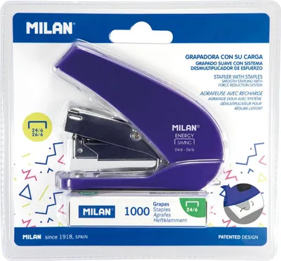 Zdjęcie produktu dla Milan 191071B, 20 ark., Niebieski, Metaliczny, Zacisk standardowy, 24/6, 26/6, Metal, Plastik, 70 zszywek