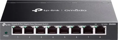 A black TP-Link Omada 8-Port Gigabit Easy Managed Switch is shown from the front on a white background.