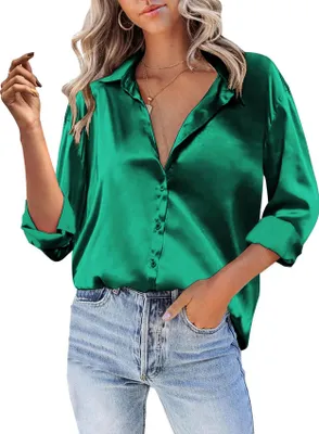 Produktbild von ASKSA Damen Satin Bluse V-Ausschnitt Hemde Elegant Knoepfen Oberteile Casual Einfarbig Tunika Langarmshirt (Gruen,XL)