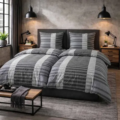 Produktbild von Seersucker Bettwäsche 4 tlg. 135 x 200 mit Reißverschluss Bettgarnitur Sommerbettwäsche Anthrazit Grau Gestreift