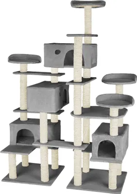 A multi-level cat tree with scratching posts and platforms.